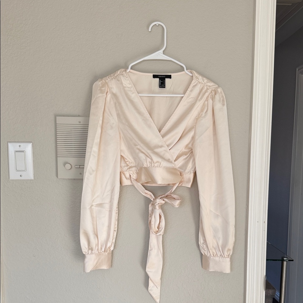 Forever 21 Cream Satin Wrap Blouse